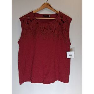 womens xl Rafaella wine burgundy cotton top lace stretch blouse